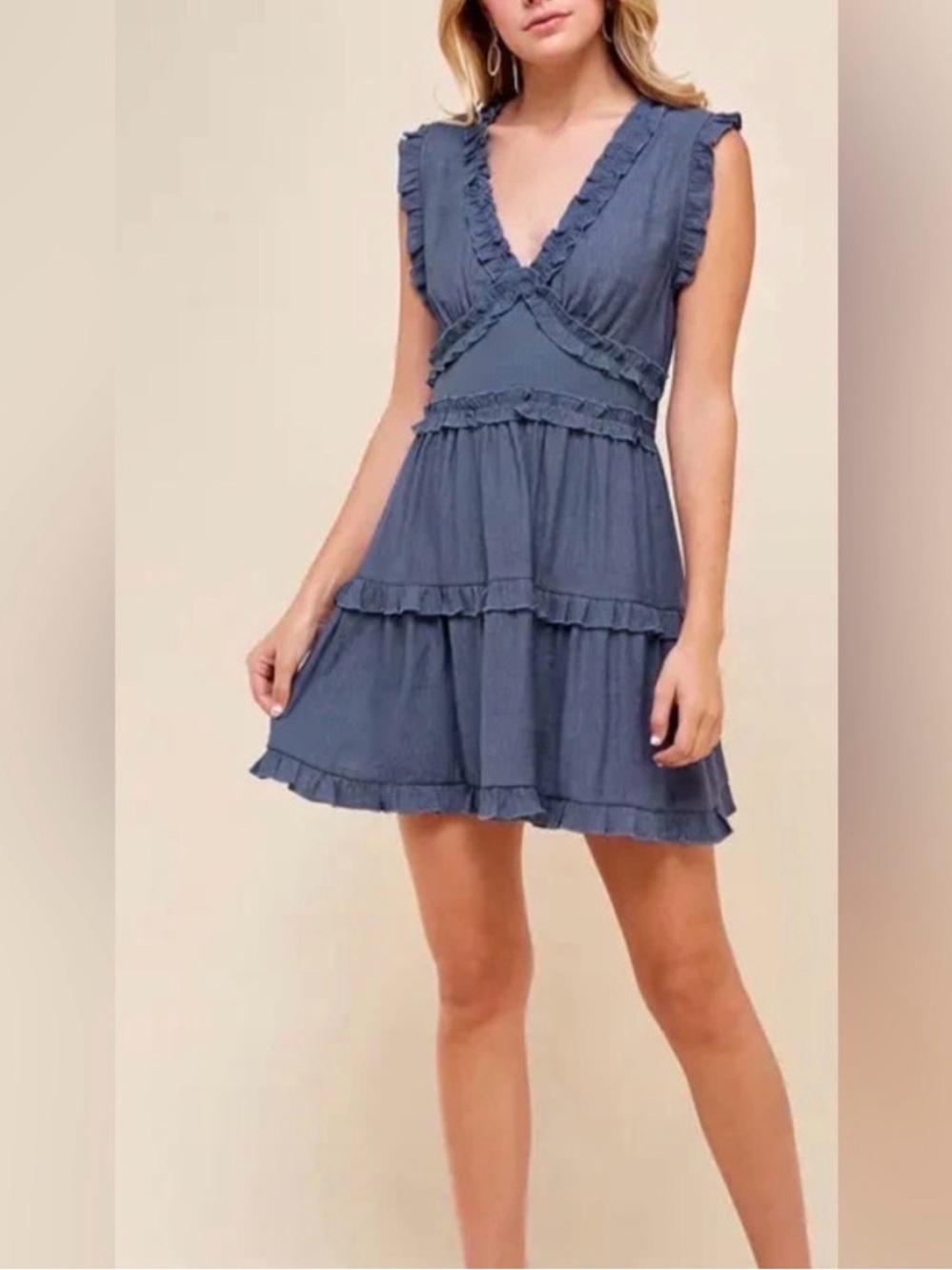 Pinch Slate Blue Ruffle V-Neck Tiered Mini Dress